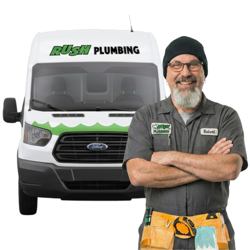 Robert Craul from Rush Plumbing standing in front of a Rush Plumbing truck, ready to discuss soft water
